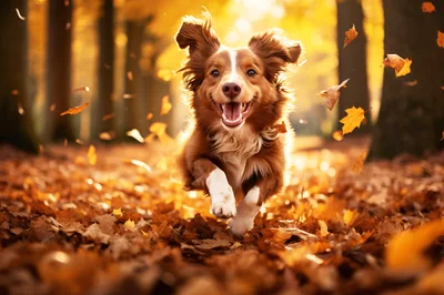 Happy Australian Shepherd Running Through Autumn Leaves