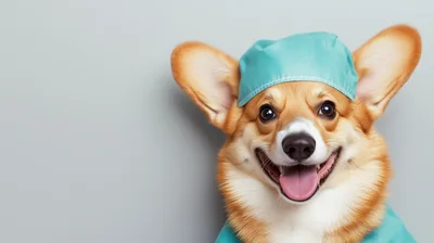 Corgi Dog Wearing A Surgical Scrub Cap