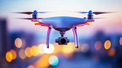 White Quadcopter Drone Flying Over City Lights
