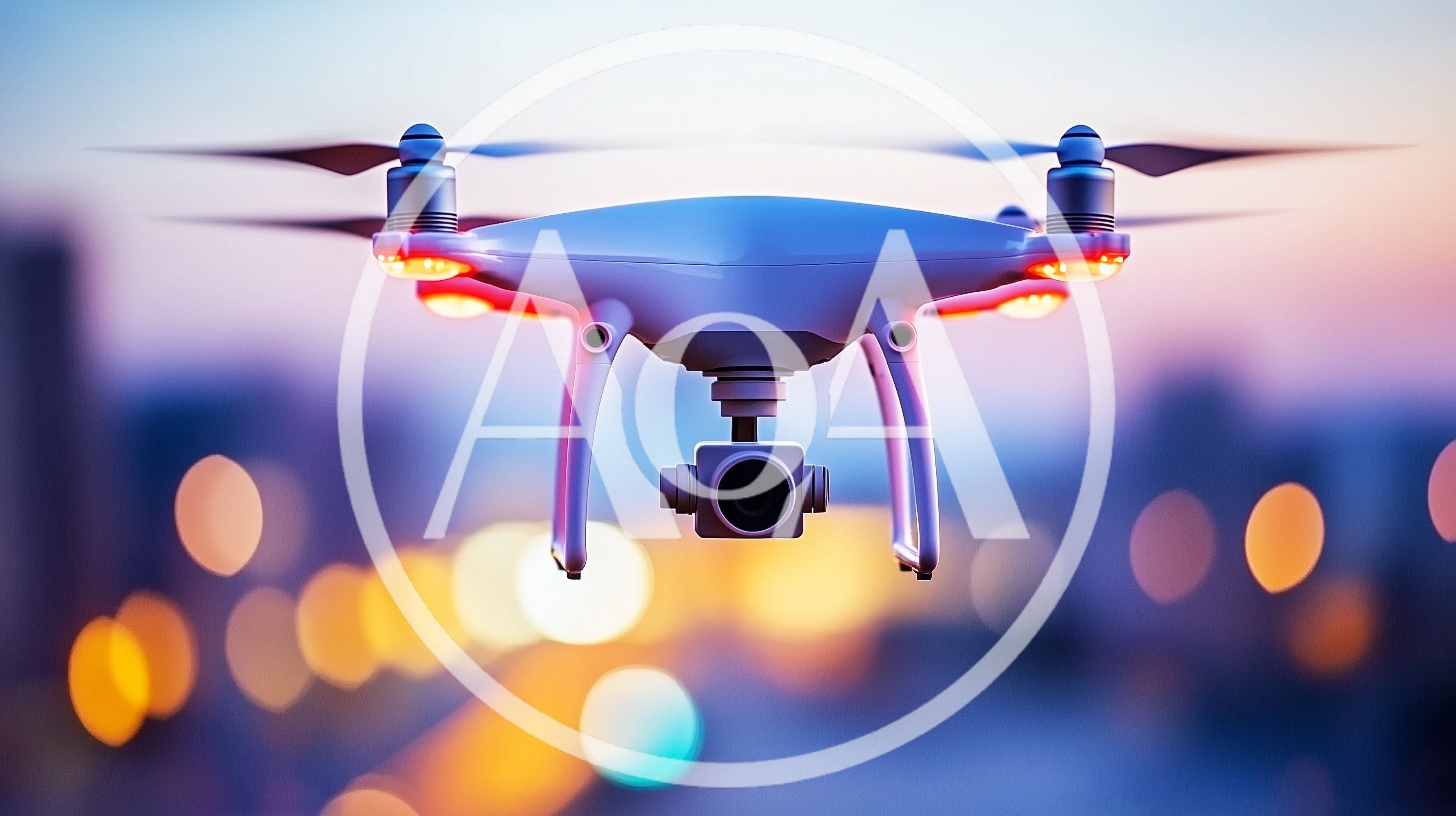 White Quadcopter Drone Flying Over City Lights