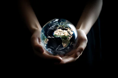 Human Hands Holding A Glowing Glass Earth Globe