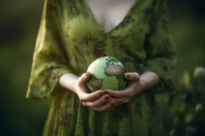 Woman Holding A Vintage Globe In Her Hands
