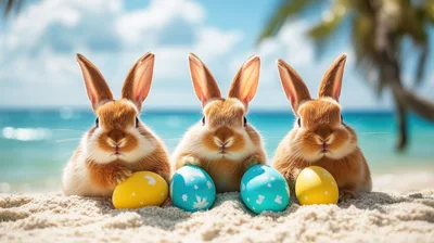 Three Cute Rabbits With Easter Eggs On Tropical Beach