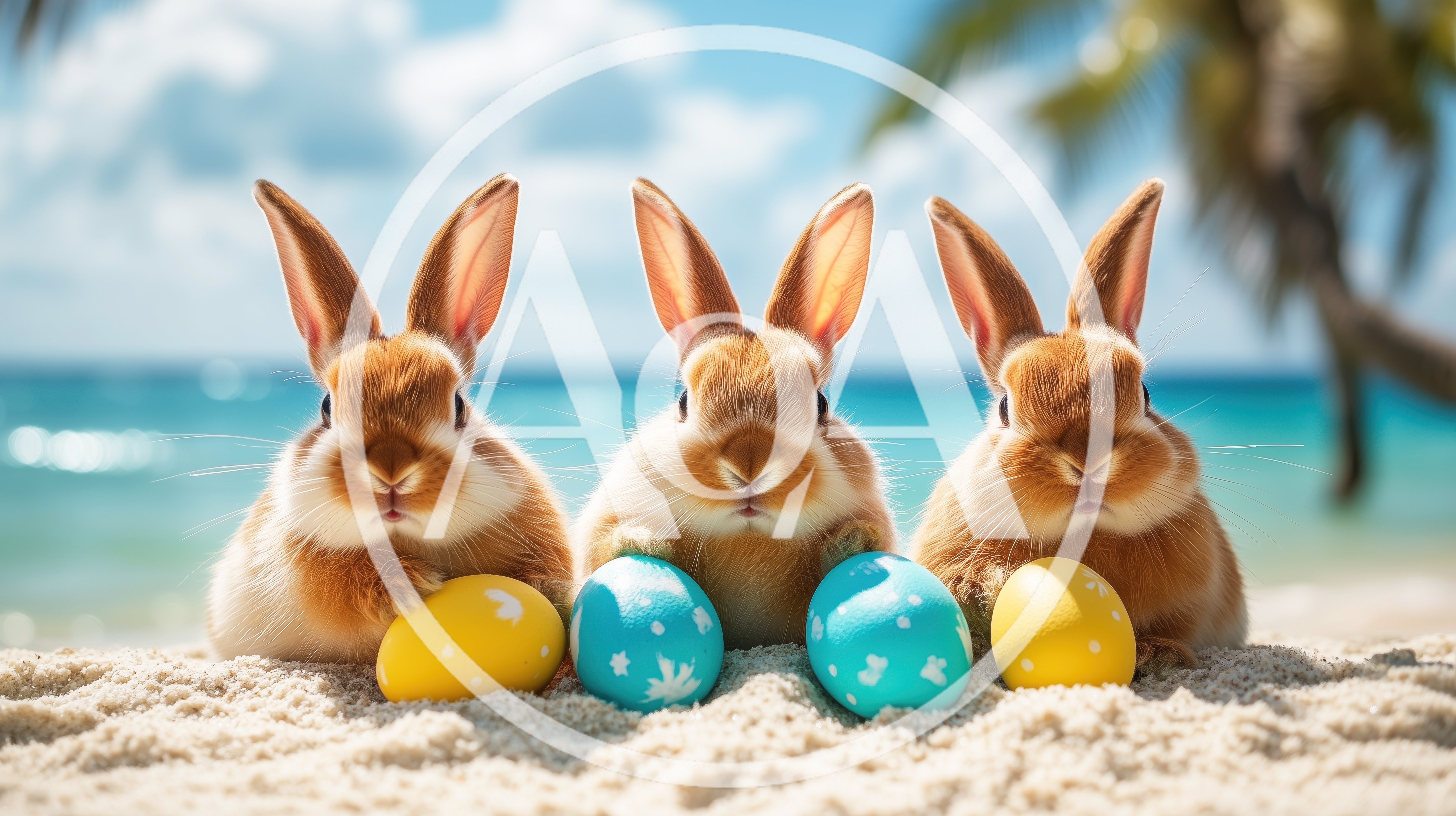 Three Cute Rabbits With Easter Eggs On Tropical Beach