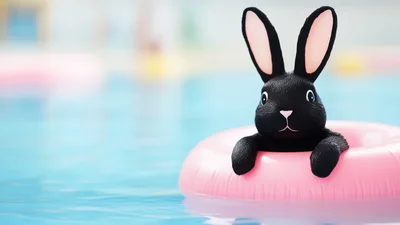 Black Rabbit Toy Floating In A Pink Pool Ring
