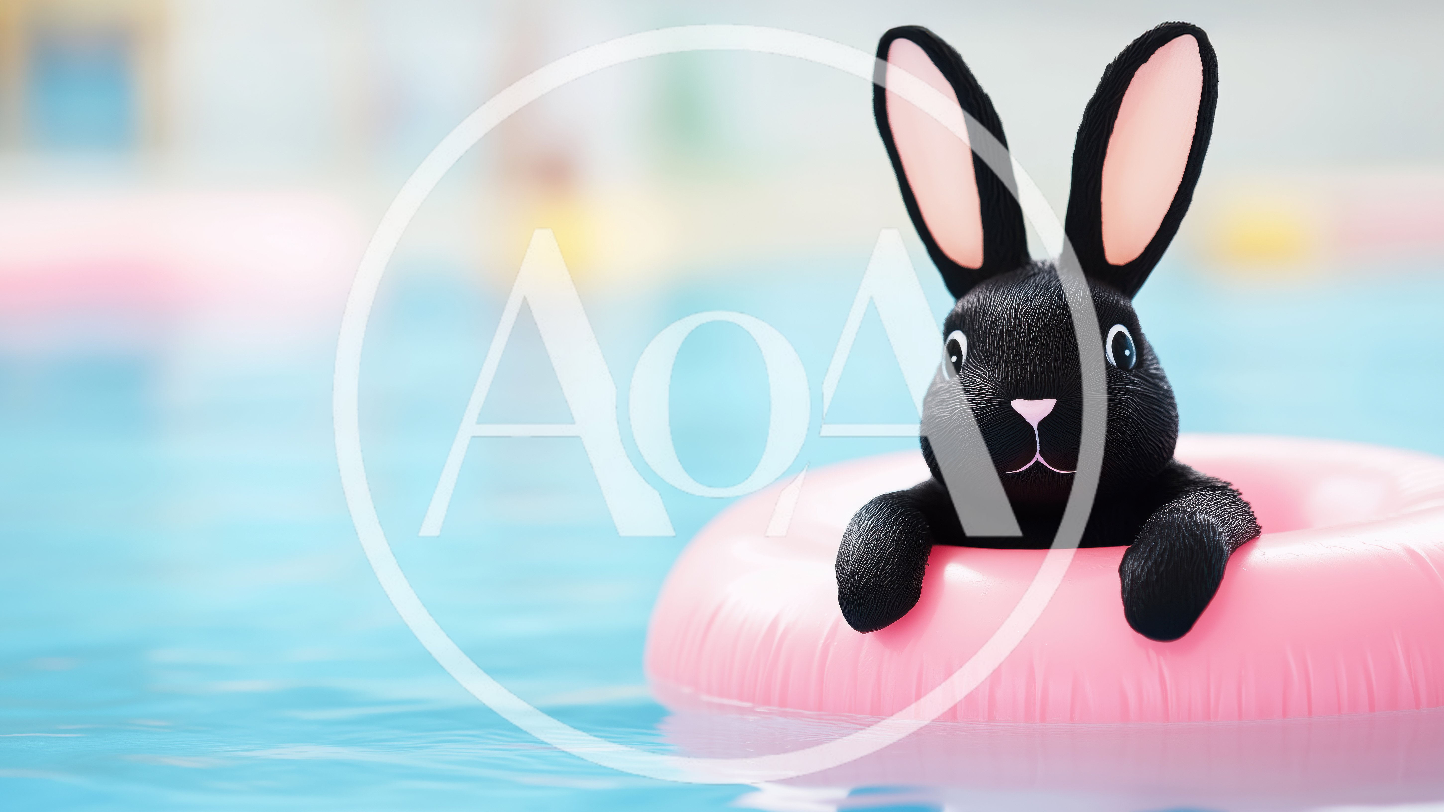 Black Rabbit Toy Floating In A Pink Pool Ring