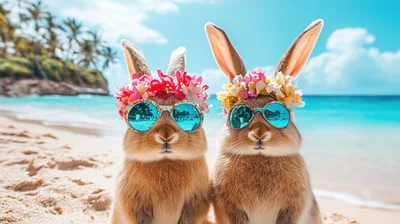 Two Cute Rabbits Wearing Flower Crowns And Sunglasses On Beach