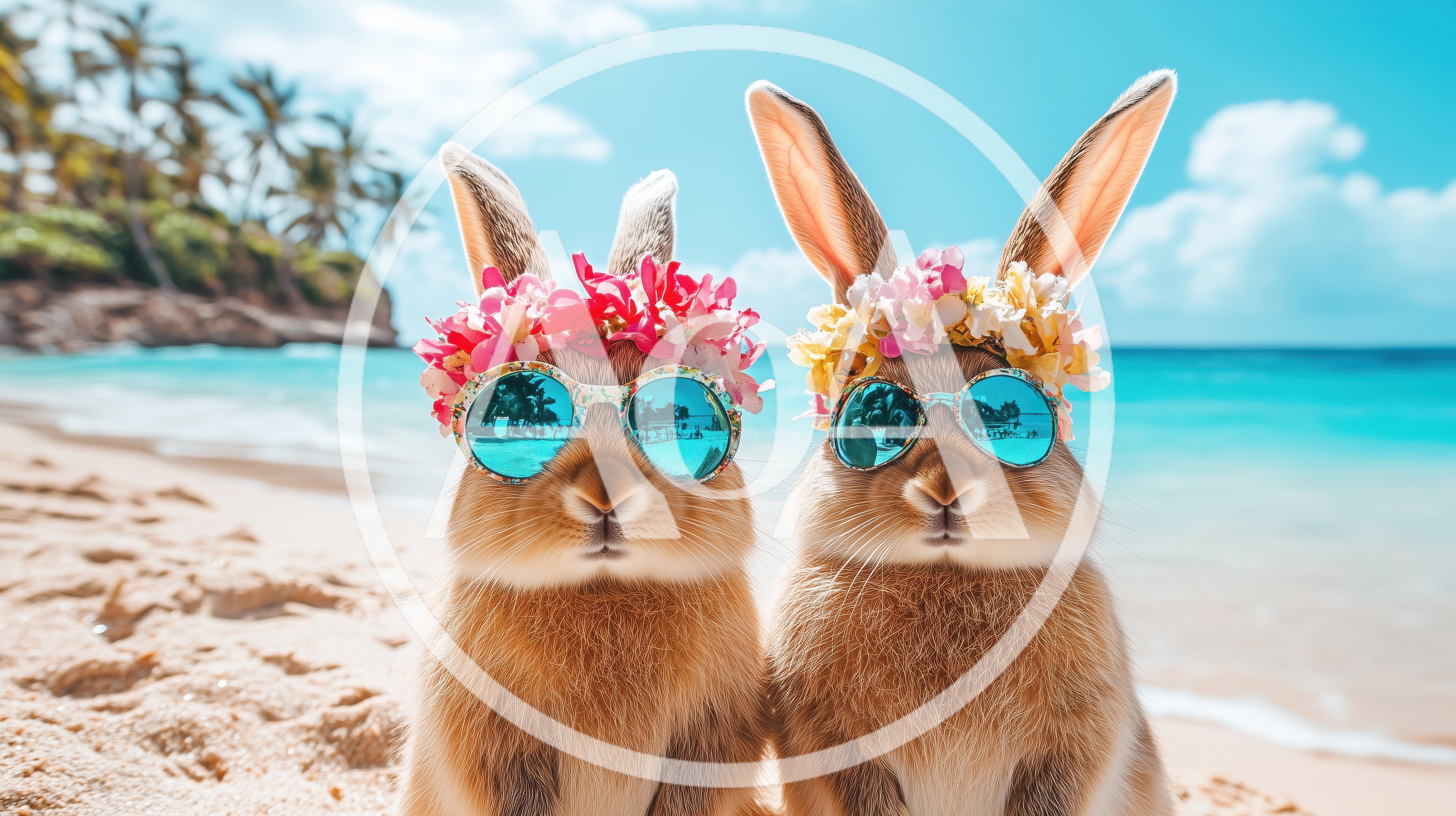 Two Cute Rabbits Wearing Flower Crowns And Sunglasses On Beach