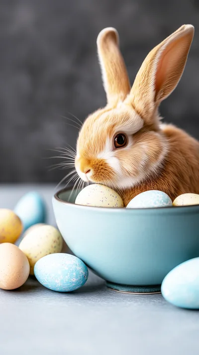 Cute Bunny Sitting In A Bowl With Easter Eggs