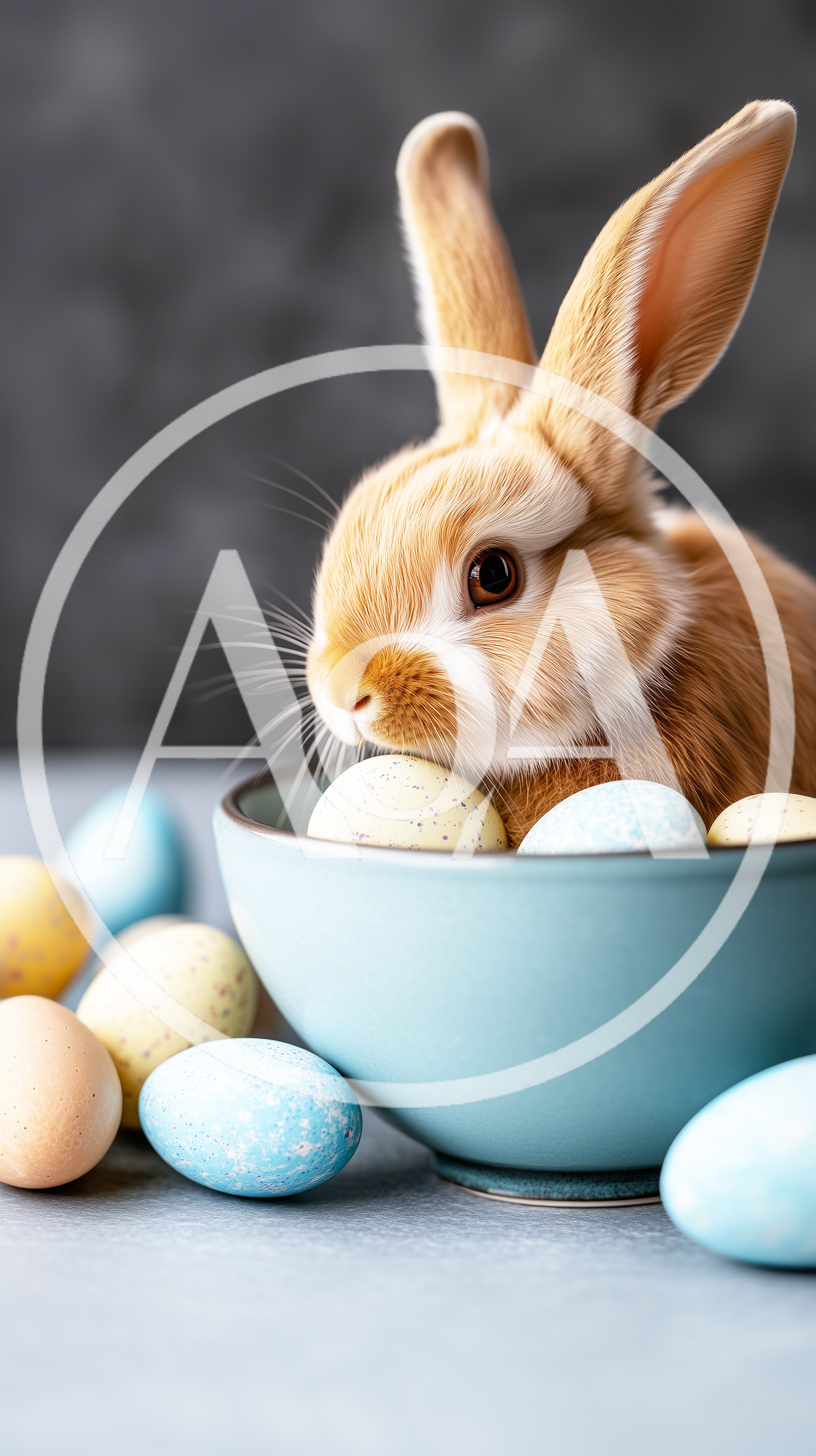 Cute Bunny Sitting In A Bowl With Easter Eggs
