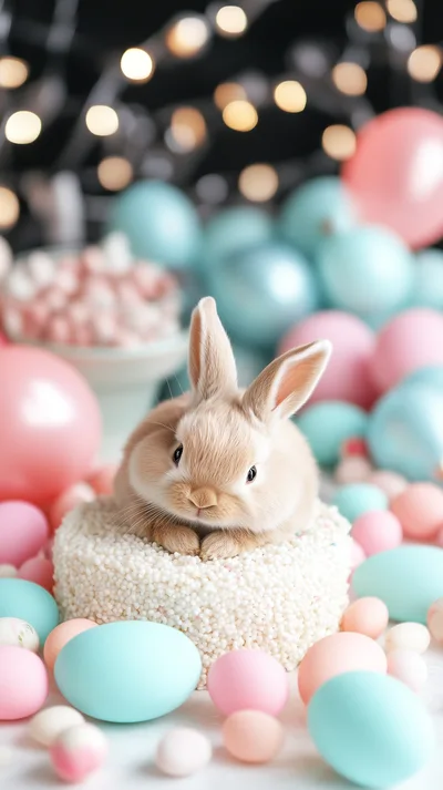 Cute Bunny Sitting On A Cake Surrounded By Easter Eggs