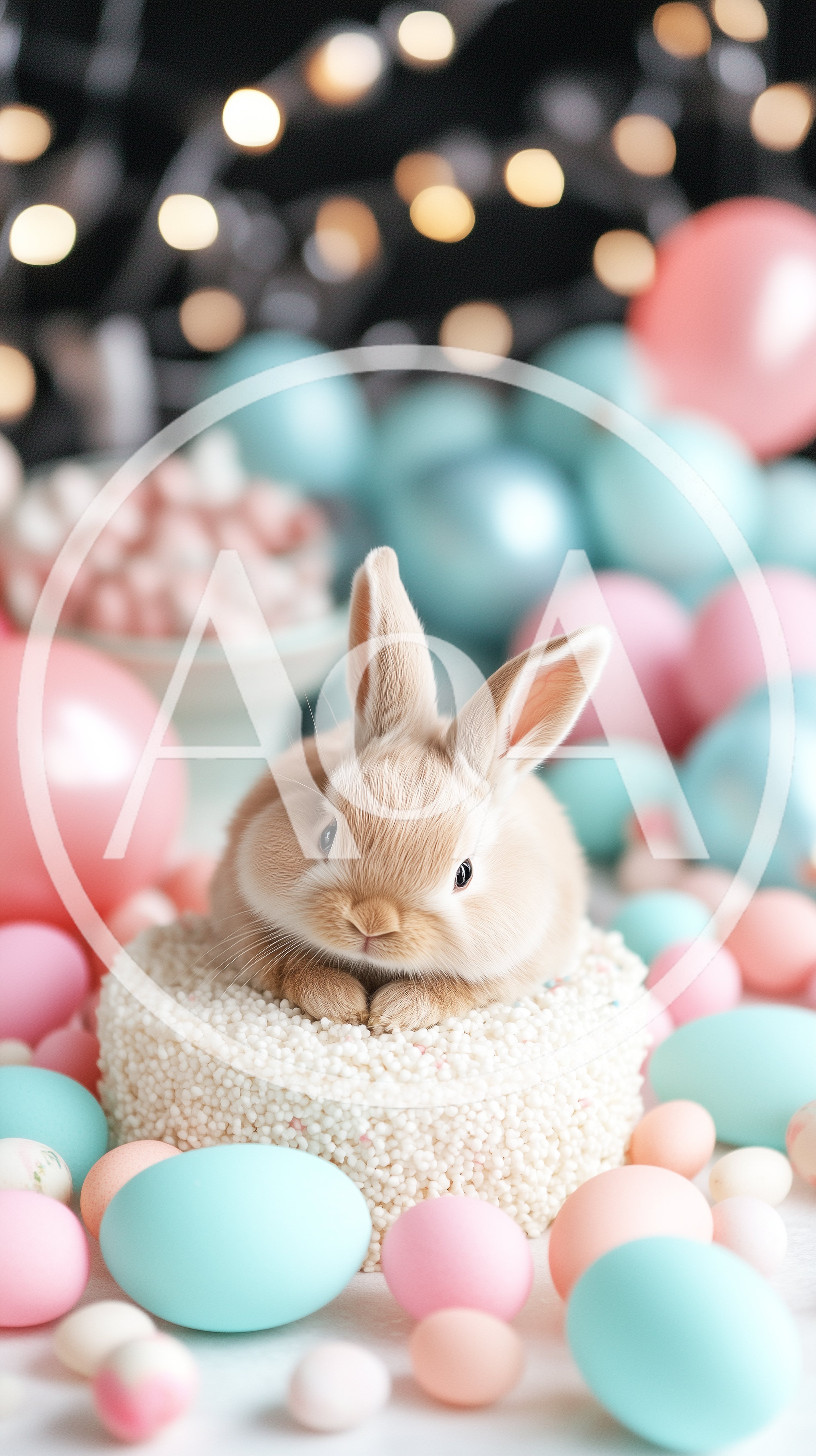 Cute Bunny Sitting On A Cake Surrounded By Easter Eggs