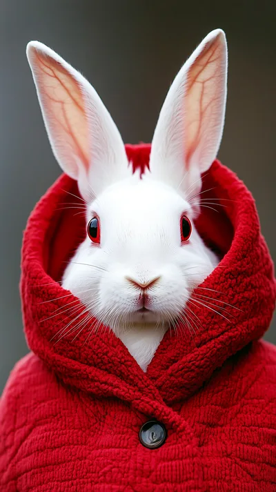 White Rabbit Wearing A Red Hooded Coat