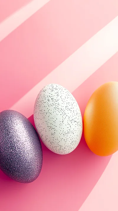 Three Decorative Easter Eggs on Pink Striped Background
