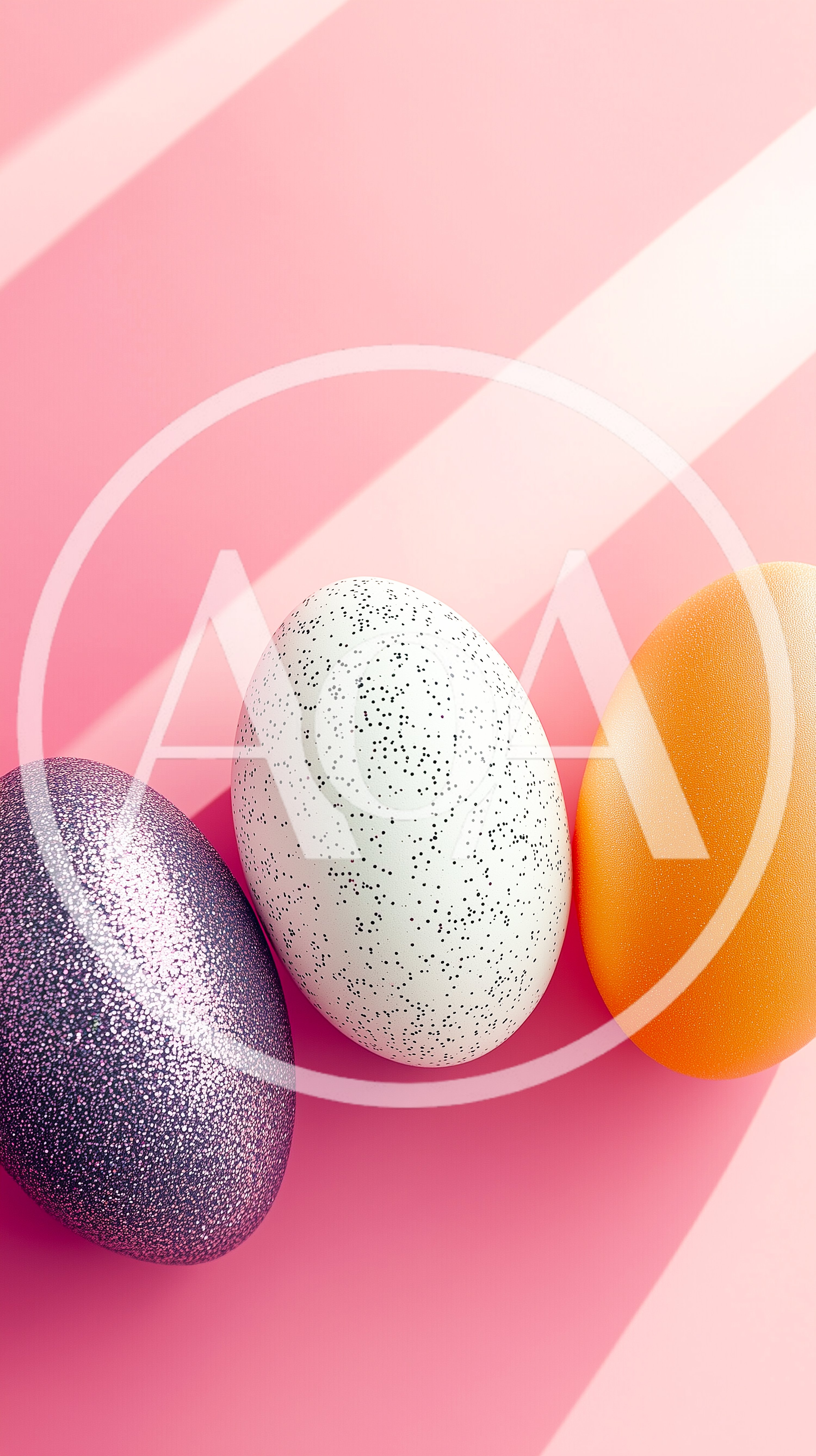 Three Decorative Easter Eggs on Pink Striped Background