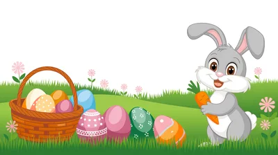 Cute Easter Bunny Holding Carrot With Decorated Eggs