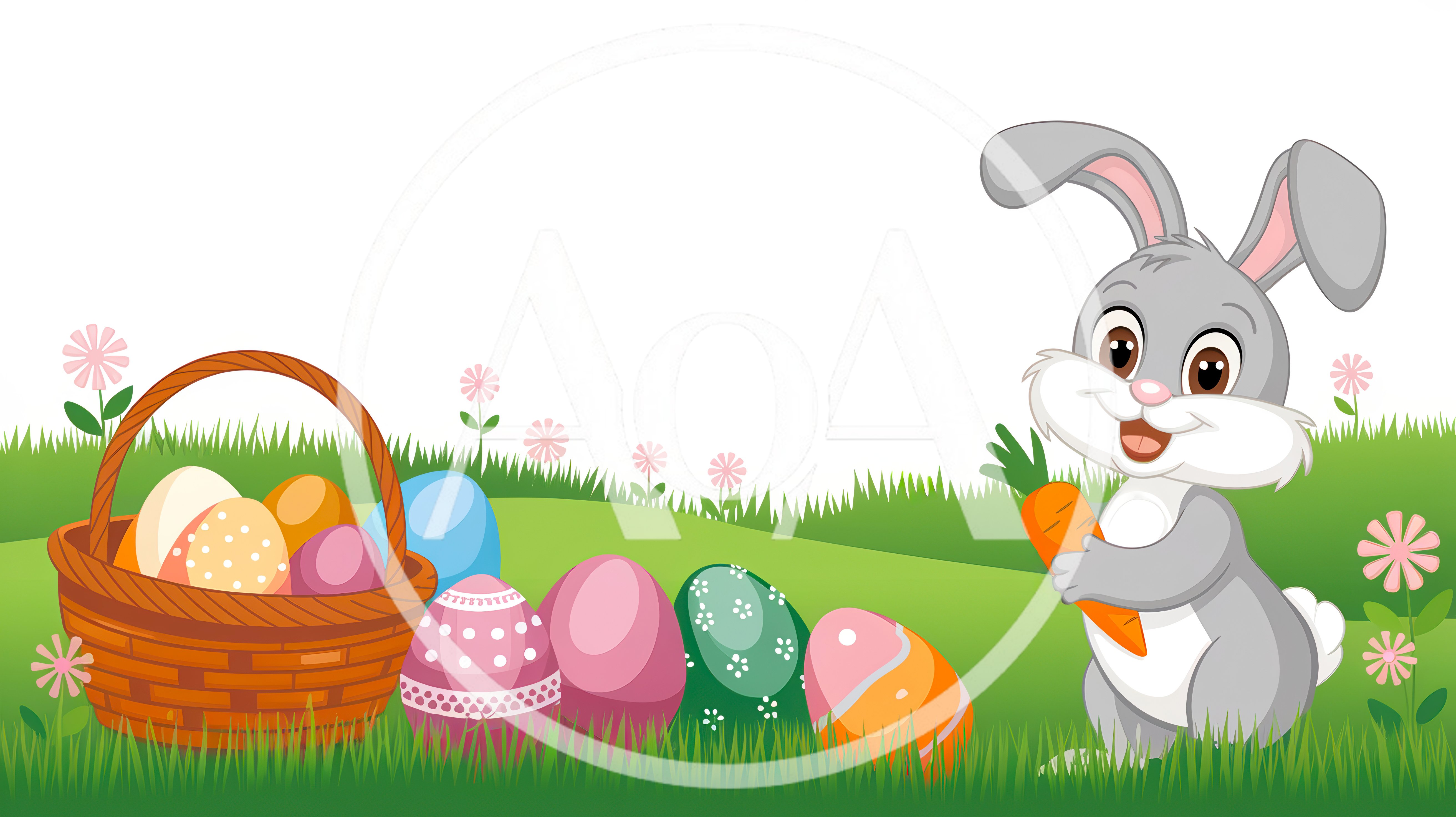 Cute Easter Bunny Holding Carrot With Decorated Eggs
