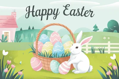 Easter Bunny With Basket Of Decorated Eggs
