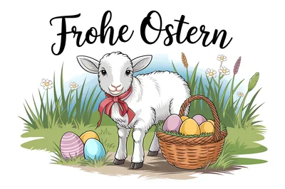 Cute Easter Lamb With Colorful Eggs In A Basket