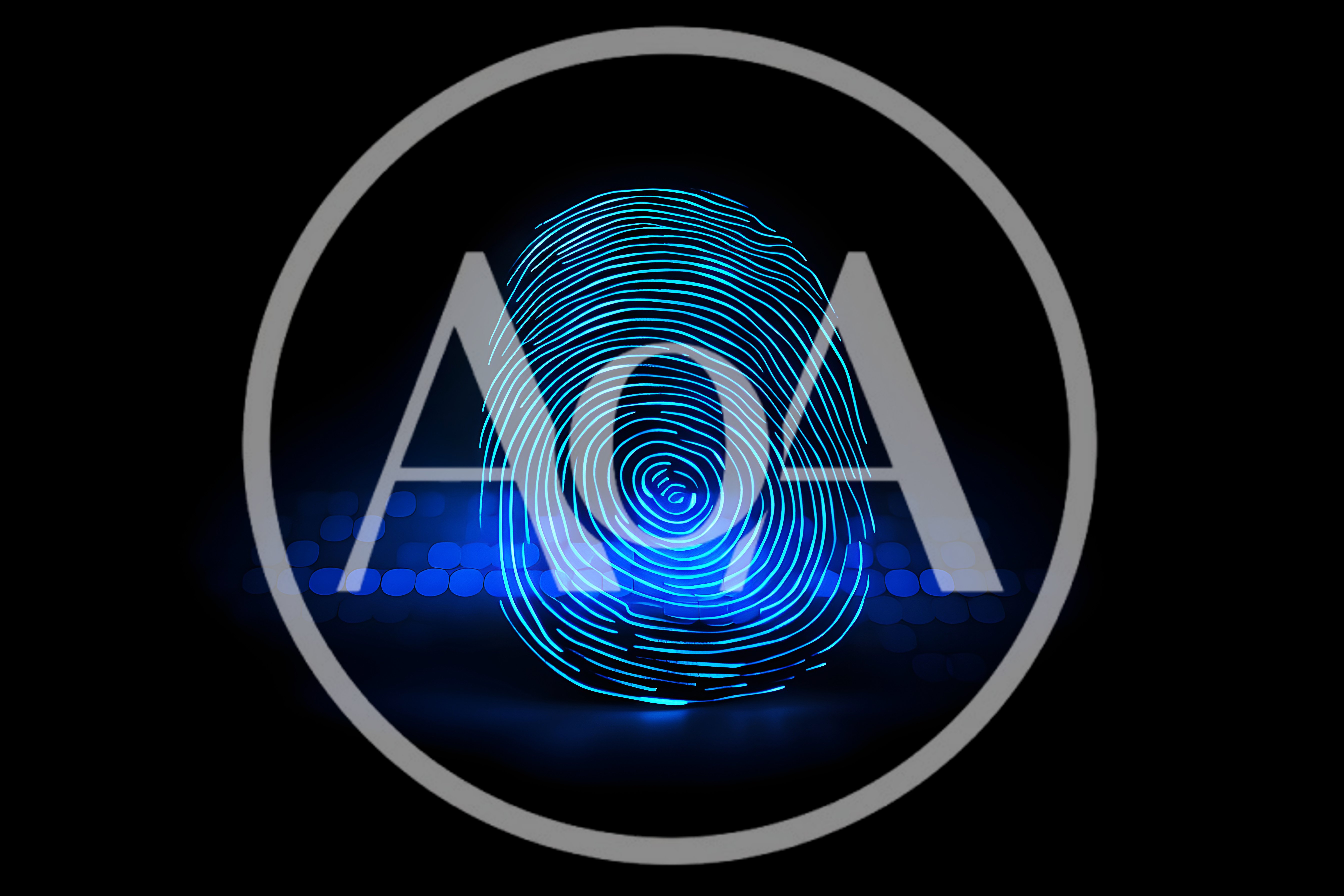 Glowing Digital Fingerprint Scan Over Computer Keyboard