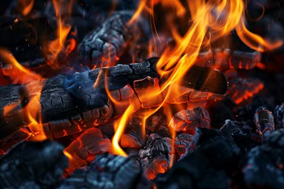 Burning Wood Logs With Glowing Embers And Flames