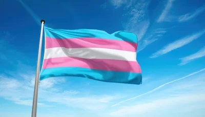Transgender Pride Flag Waving Against Blue Sky
