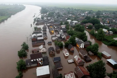 Aerial View Of Flooded Village Near River