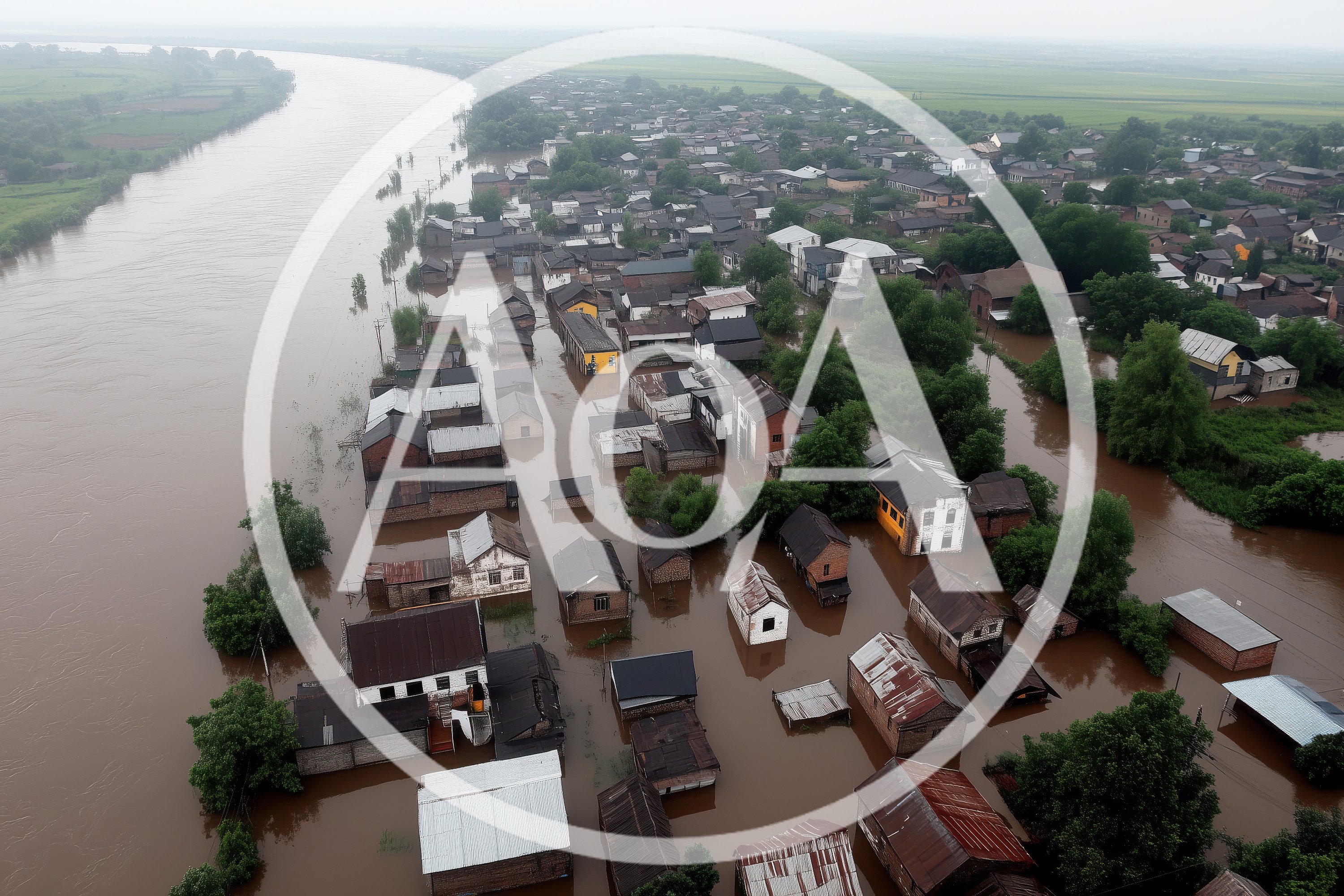 Aerial View Of Flooded Village Near River