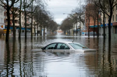 Submerged Sedan Car In Flooded City Street