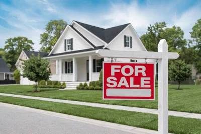 For Sale Real Estate Sign In Front Of House
