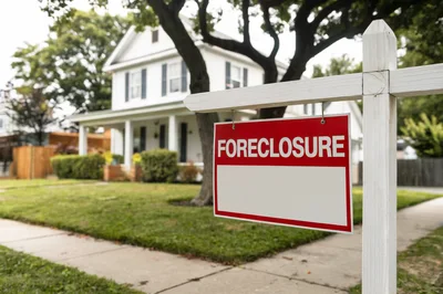 Foreclosure Sign In Front Of A Residential House