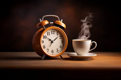 Orange Alarm Clock And Steaming Coffee Cup On Table