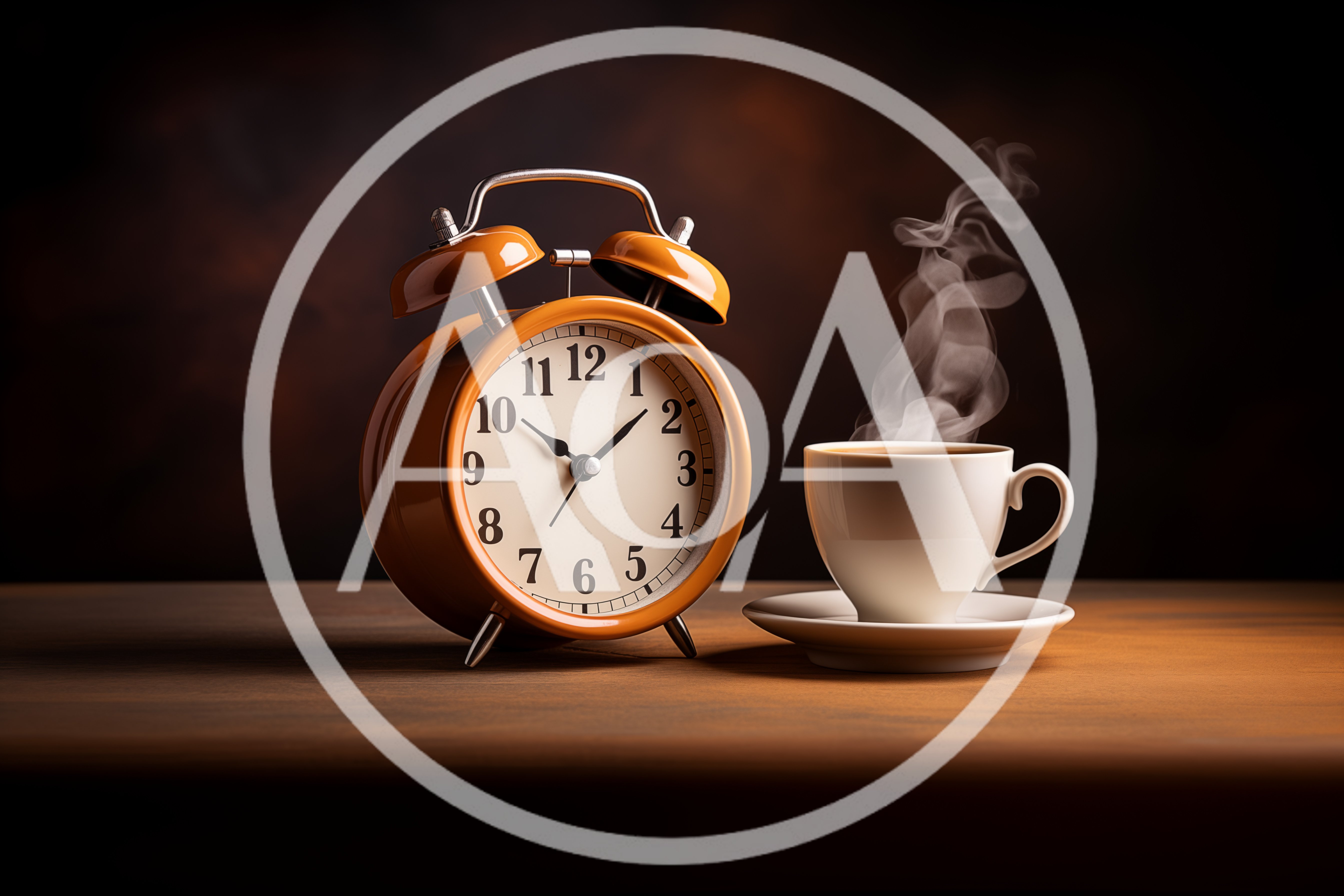 Orange Alarm Clock And Steaming Coffee Cup On Table
