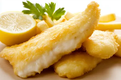 Crispy Battered Fish Fillets With French Fries And Lemon