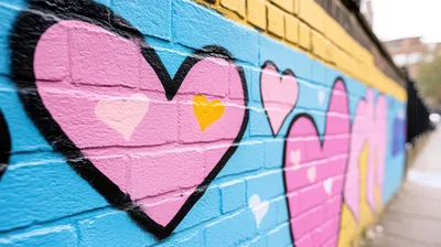 Colorful Heart Graffiti Mural On Brick Wall