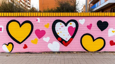 Colorful Heart Graffiti Mural On A Pink Brick Wall