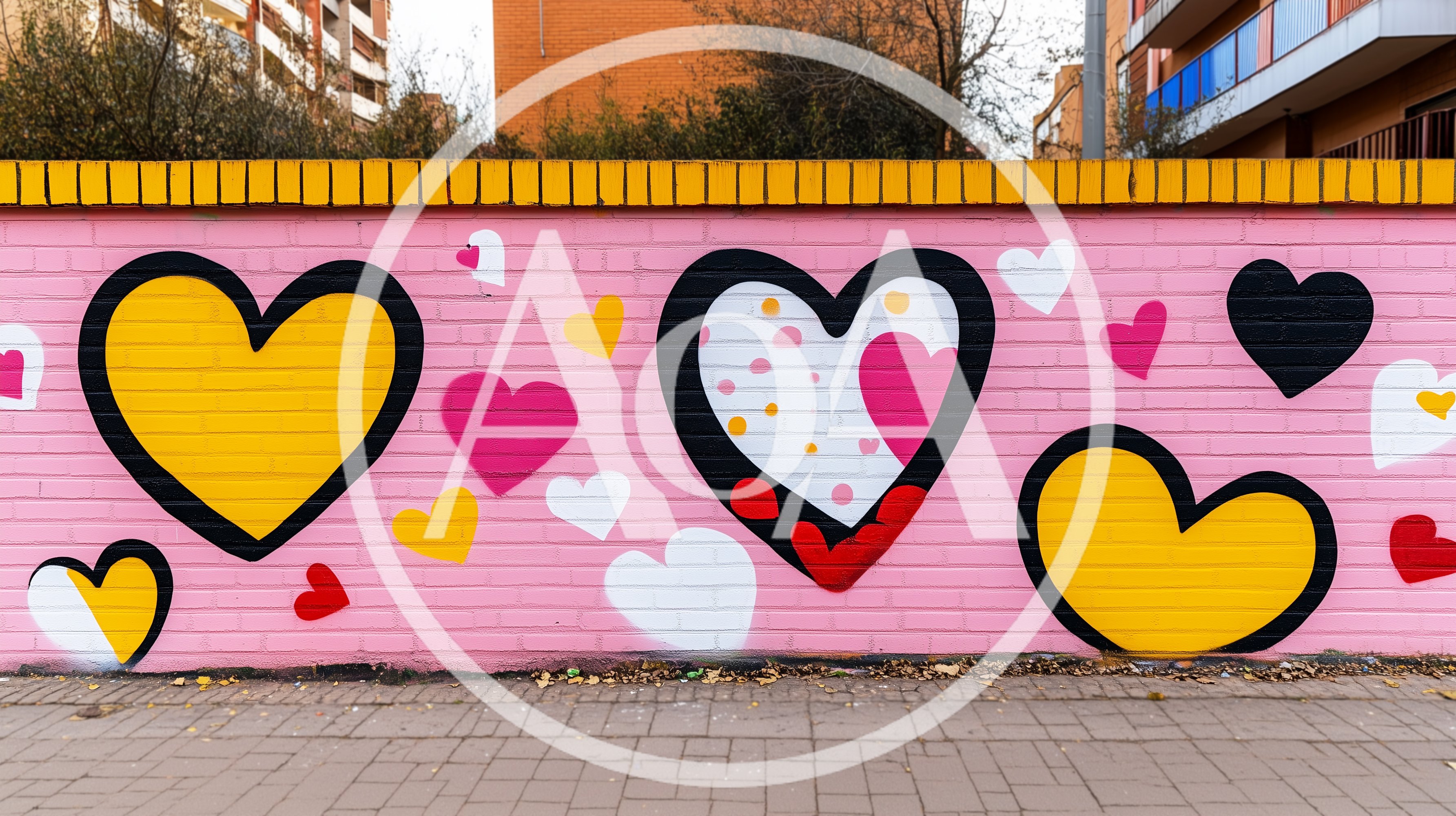 Colorful Heart Graffiti Mural On A Pink Brick Wall