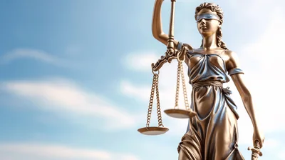 Bronze Statue Of Lady Justice Against Blue Sky