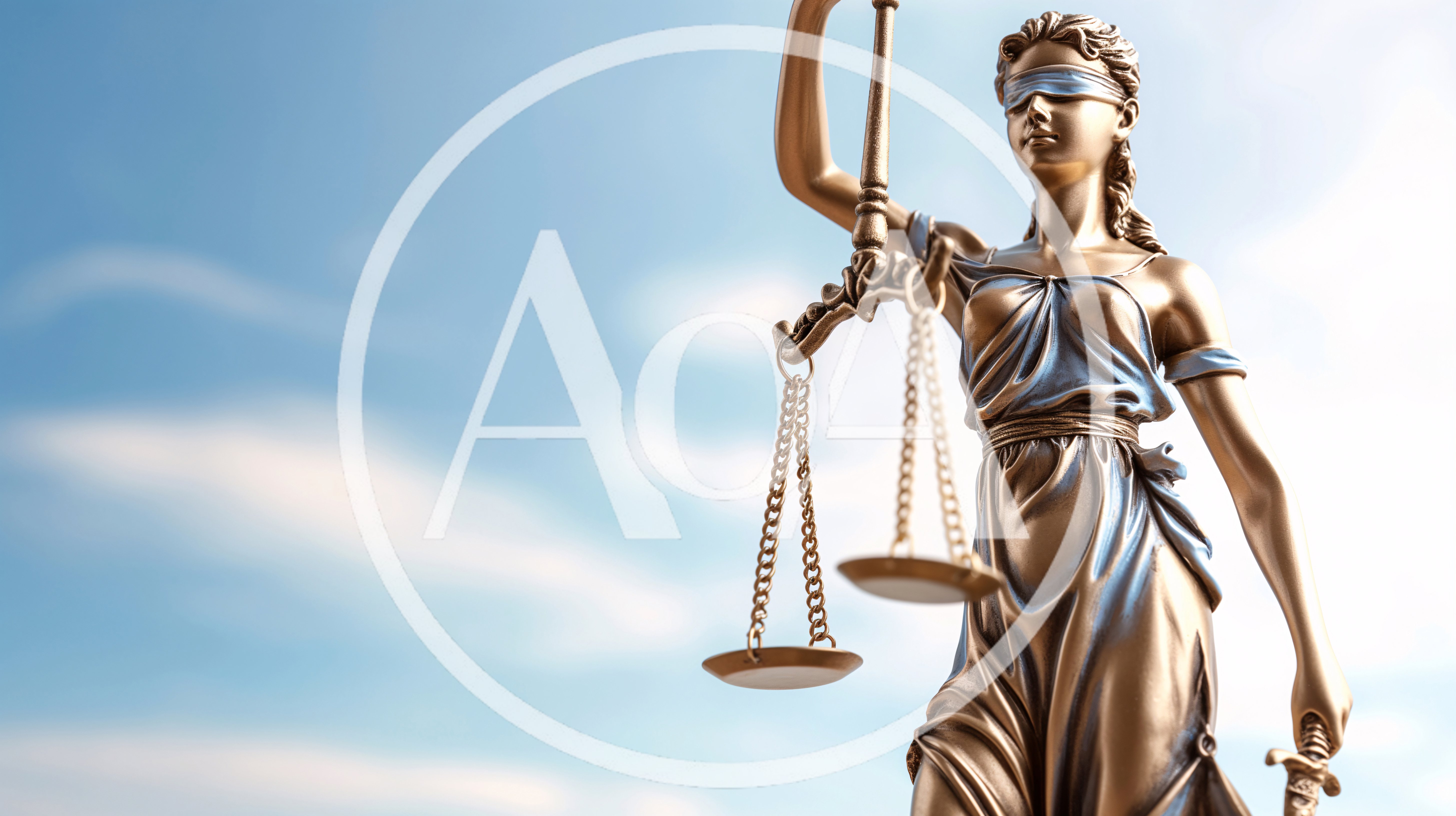 Bronze Statue Of Lady Justice Against Blue Sky