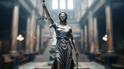 Bronze Statue Of Lady Justice In A Courtroom