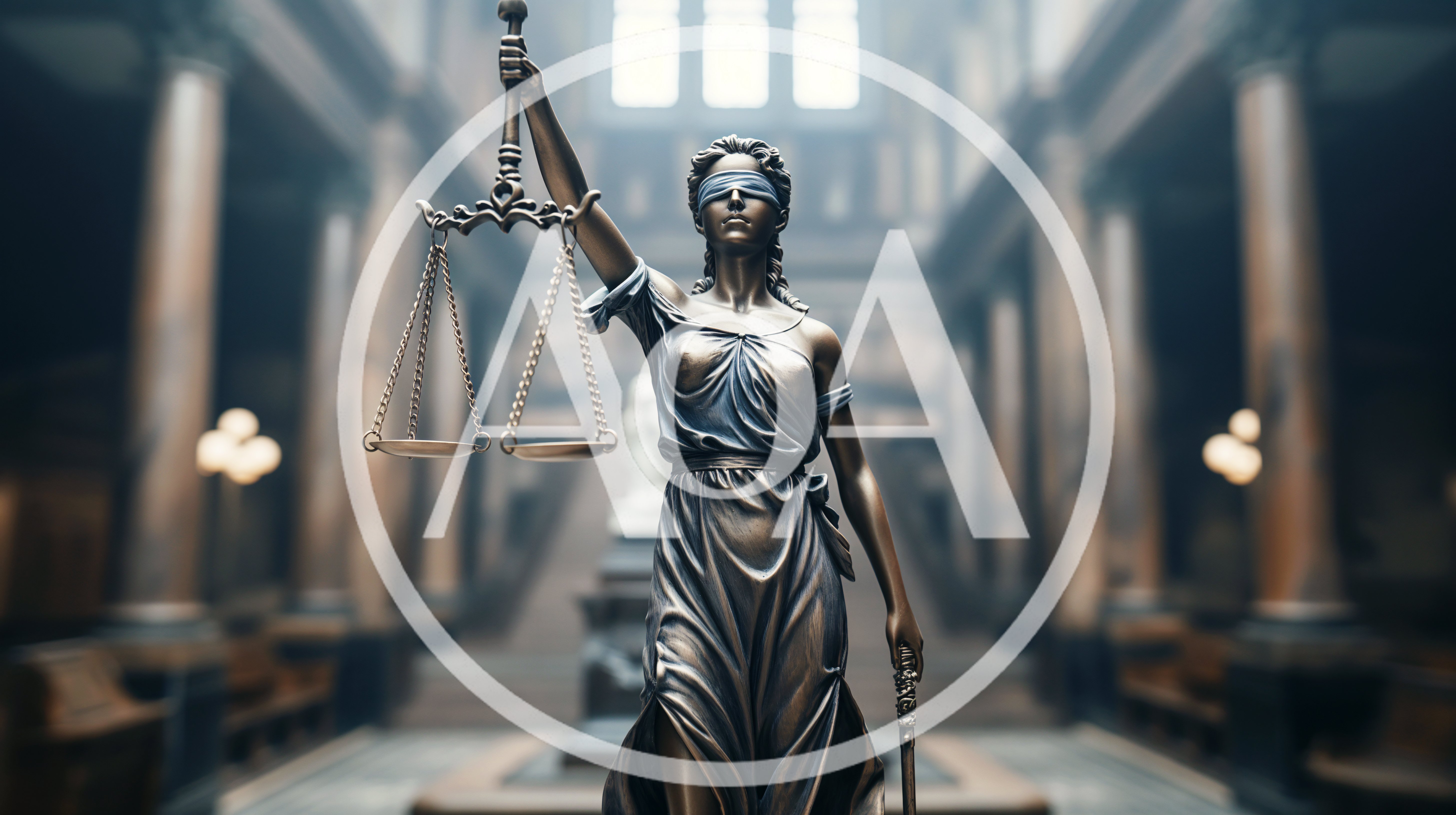 Bronze Statue Of Lady Justice In A Courtroom
