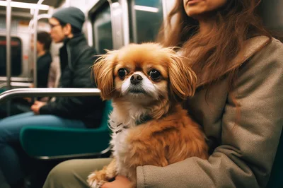 Pekingese Dog Sitting On Lap In Subway Train