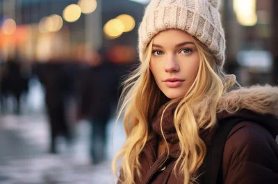 Young Blonde Woman Wearing Winter Hat And Parka