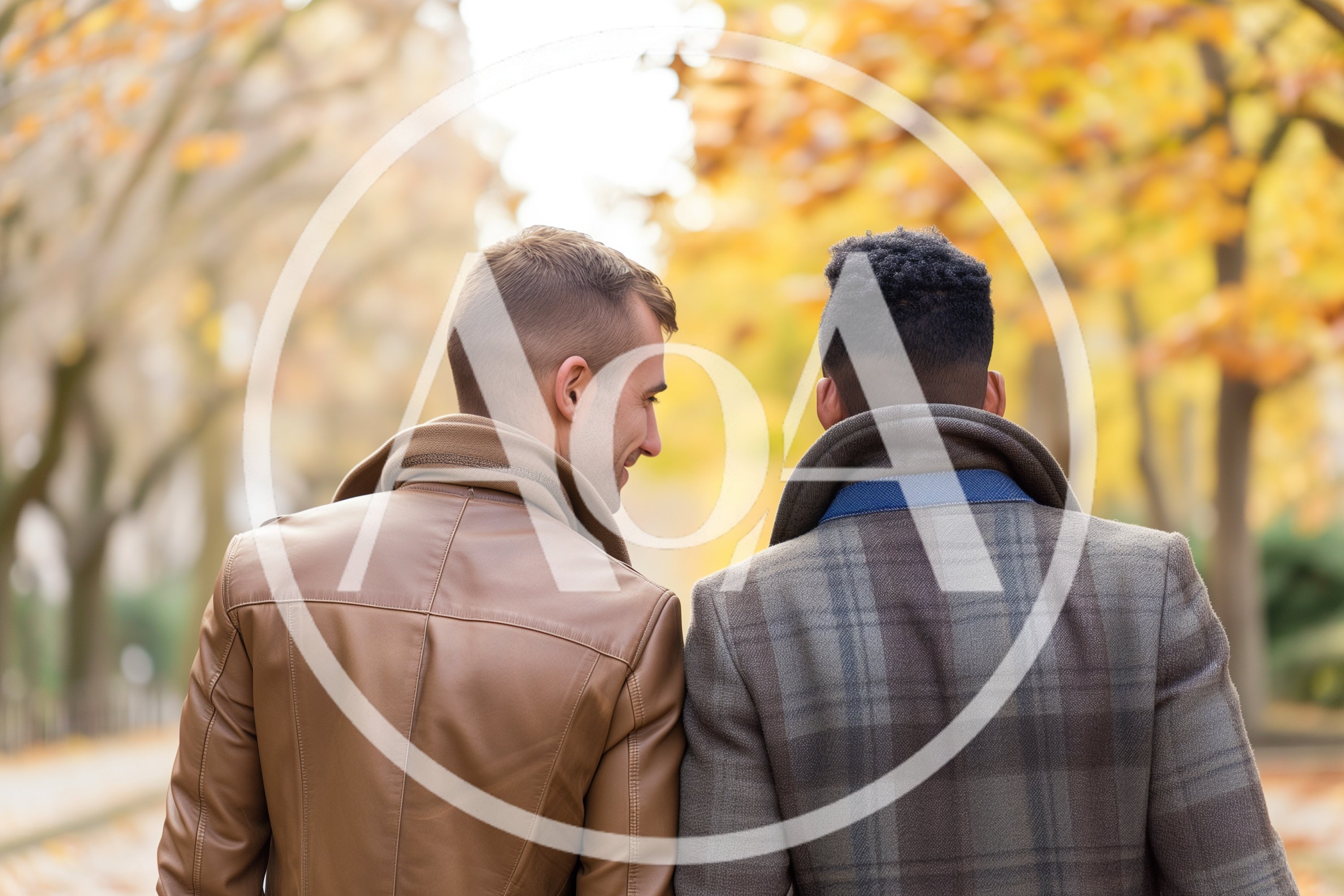 Two Men Walking Together In An Autumn Park