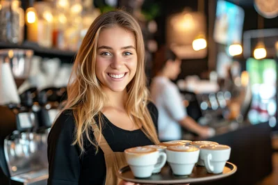 Smiling Female Barista Serving Coffee In A Cafe