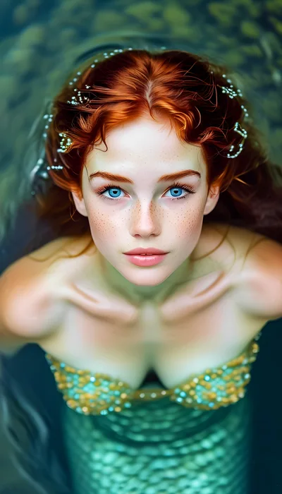 Portrait Of A Beautiful Redheaded Mermaid In Water