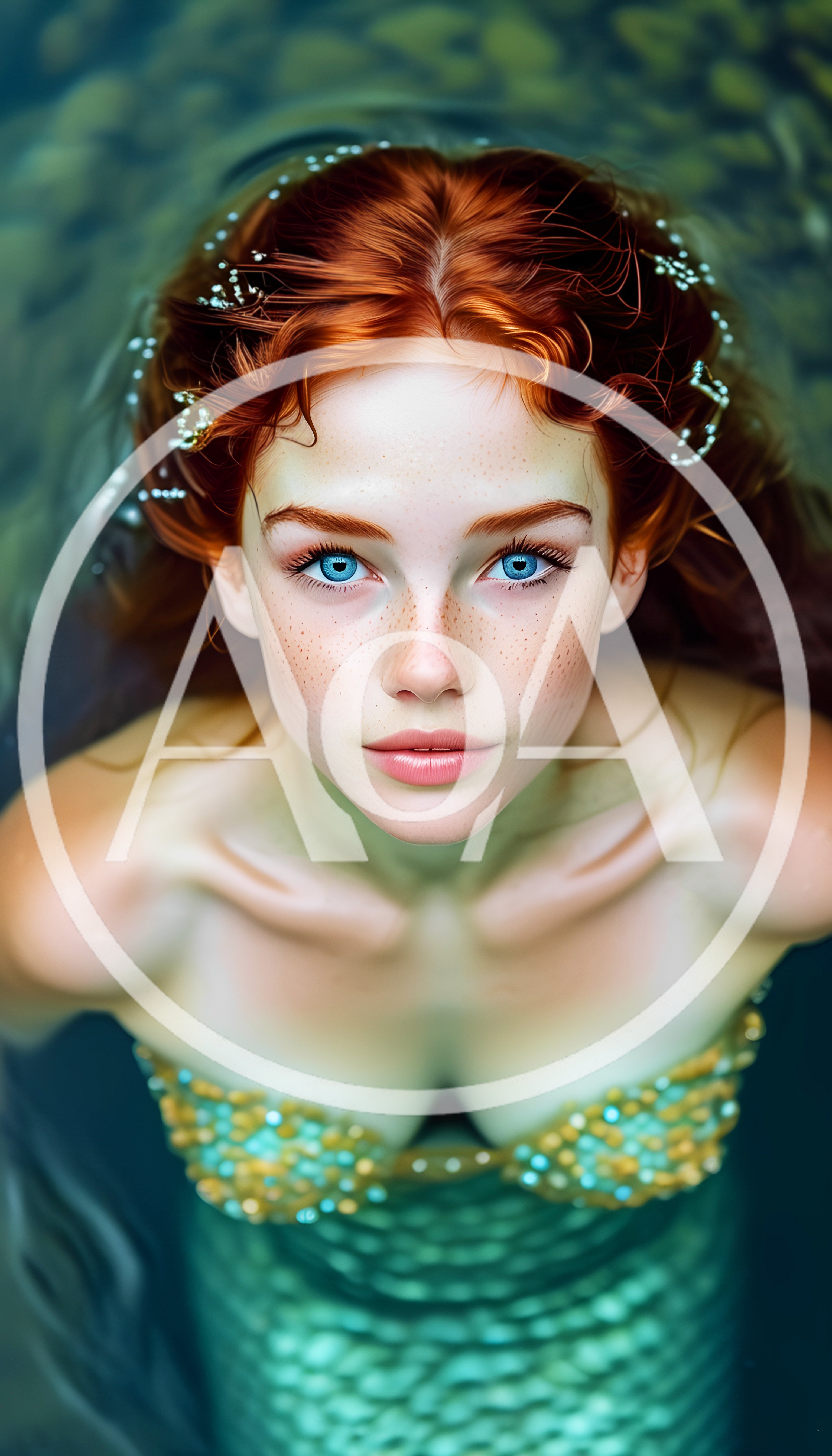 Portrait Of A Beautiful Redheaded Mermaid In Water