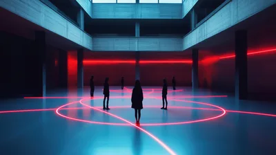Silhouetted Figures Standing In A Neon Lit Industrial Hall