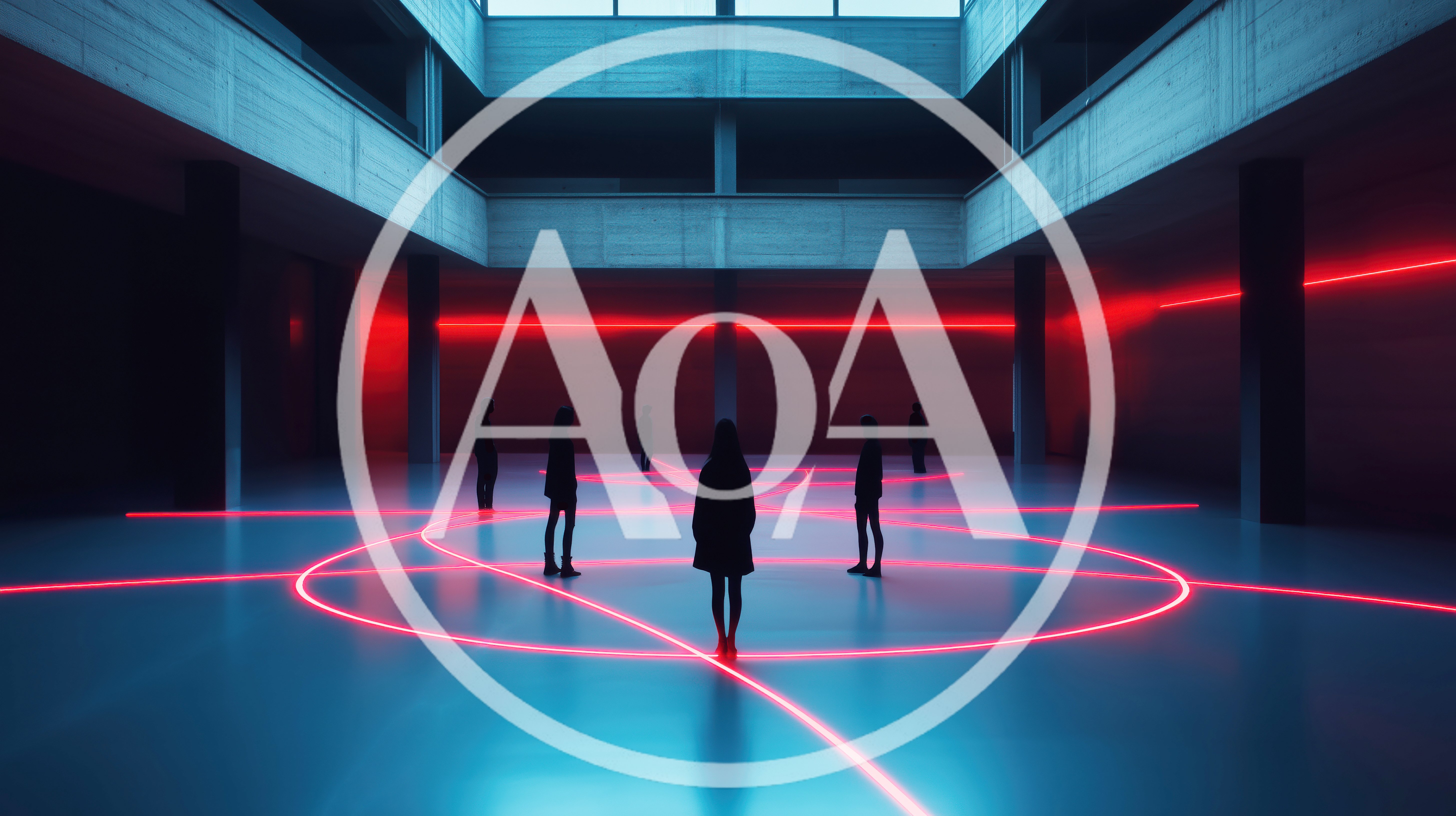 Silhouetted Figures Standing In A Neon Lit Industrial Hall