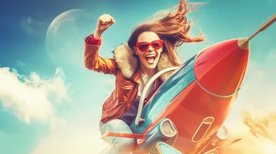 Excited Woman Riding A Retro Rocket Ship